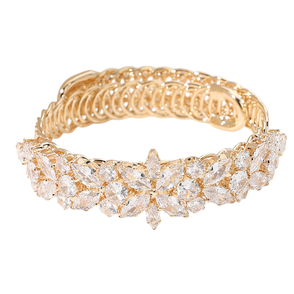 iLLASPARKZ Marquise Round CZ Stone Cluster Flower Embellished Adjustable Evening Bracelet