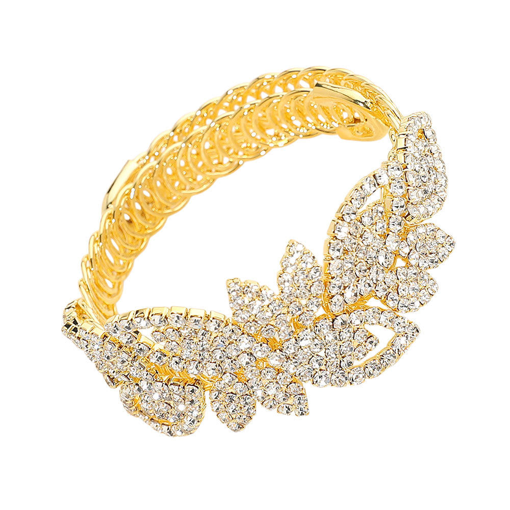 iLLASPARKZ Rhinestone Paved Leaves Adjustable Evening Bracelet