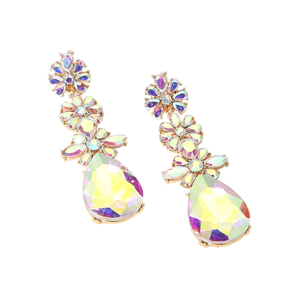 iLLASPARKZ Triple Flower Stone Cluster Link Teardrop Pointed Evening Earrings