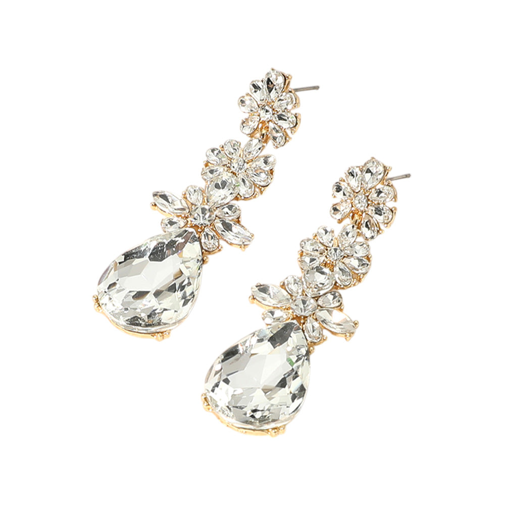 iLLASPARKZ Triple Flower Stone Cluster Link Teardrop Pointed Evening Earrings