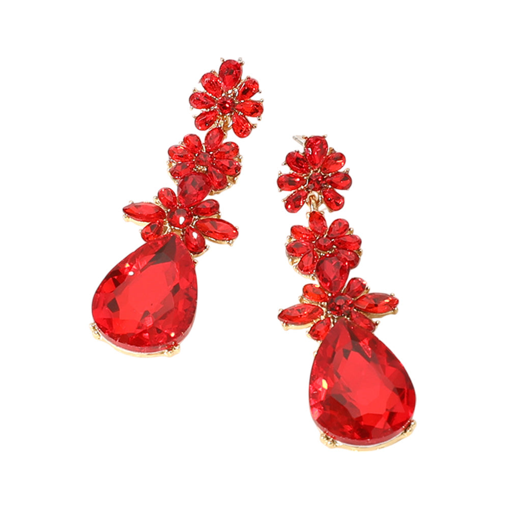 iLLASPARKZ Triple Flower Stone Cluster Link Teardrop Pointed Evening Earrings