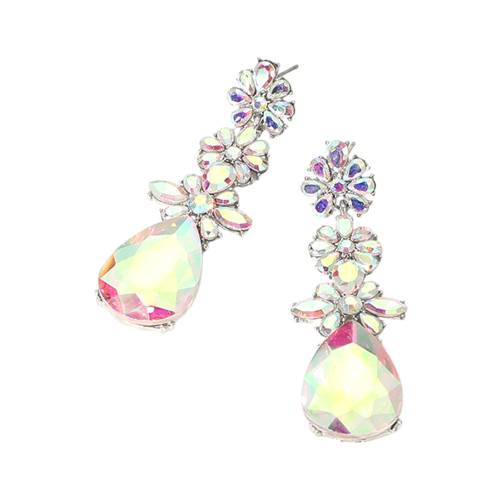iLLASPARKZ Triple Flower Stone Cluster Link Teardrop Pointed Evening Earrings