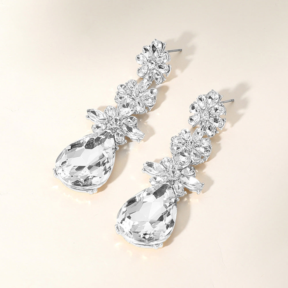 iLLASPARKZ Triple Flower Stone Cluster Link Teardrop Pointed Evening Earrings