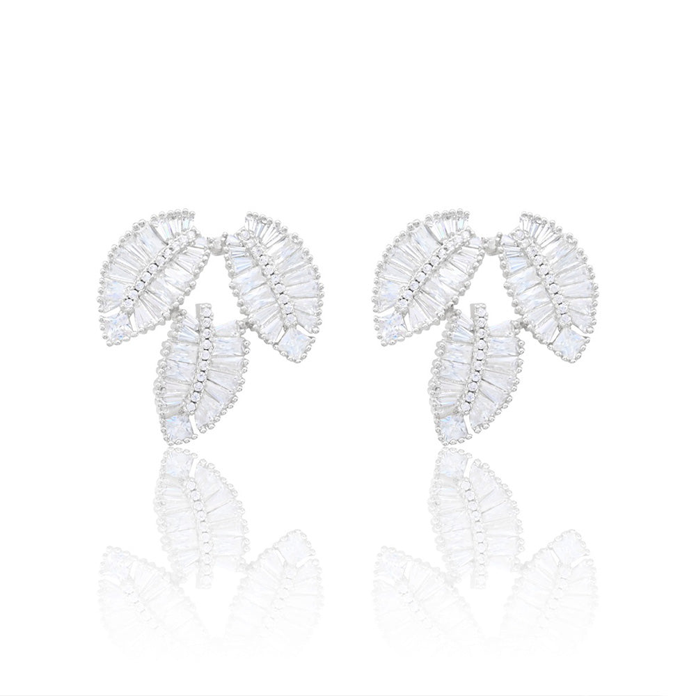 iLLASPARKZ White Gold Dipped CZ Stone Embellished Leaves Evening Earrings