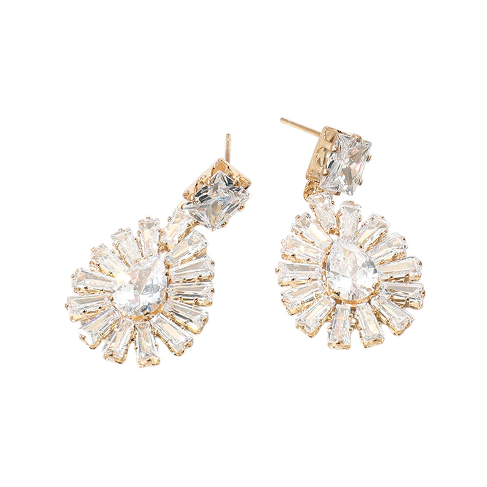 iLLASPARKZ Baguette CZ Stone Cluster Rim Teardrop Dangle Evening Earrings