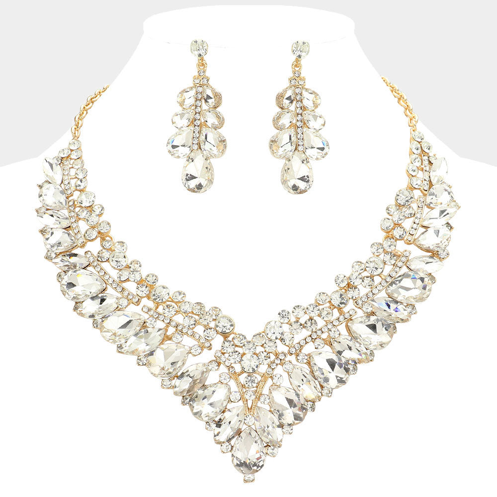 iLLASPARKZ Teardrop Marquise Round Stone Embellished V Shaped Evening Necklace