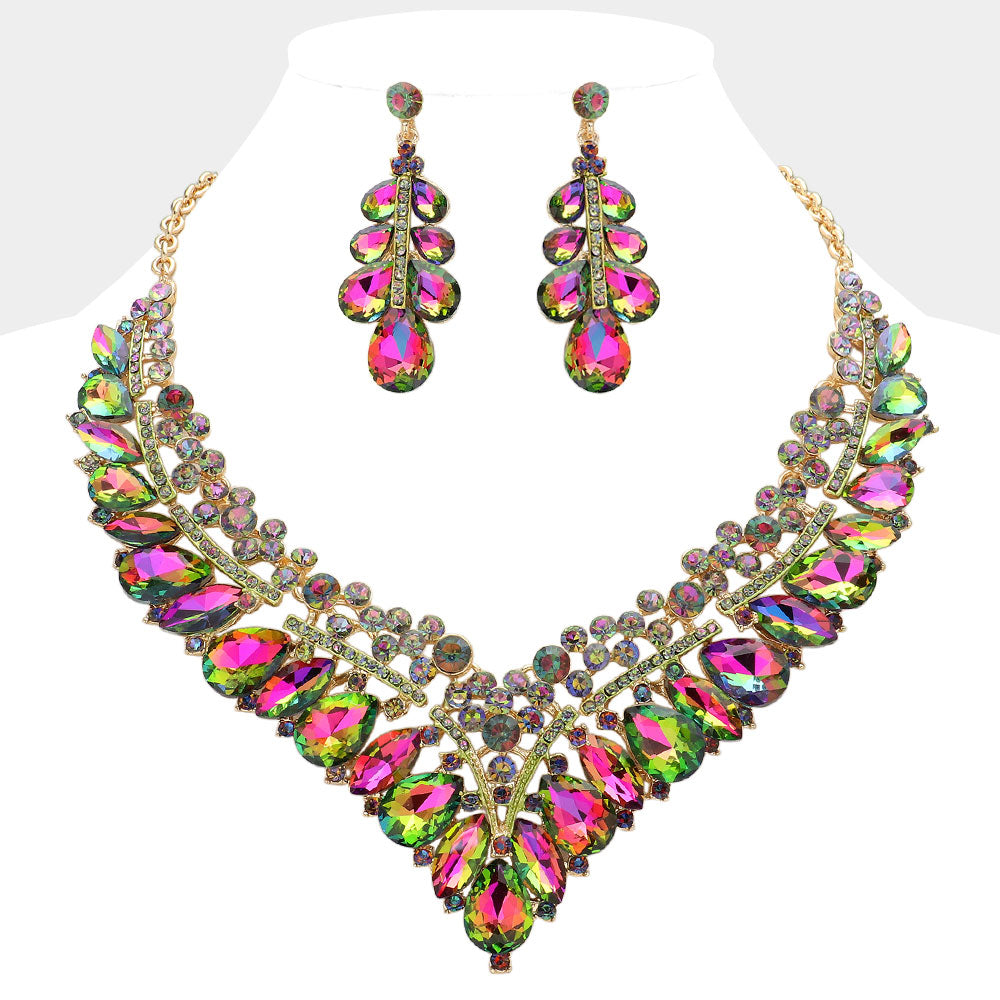 iLLASPARKZ Teardrop Marquise Round Stone Embellished V Shaped Evening Necklace