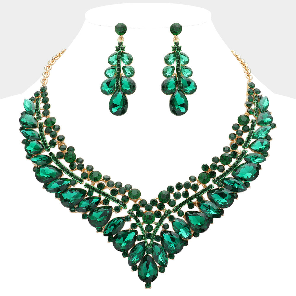iLLASPARKZ Teardrop Marquise Round Stone Embellished V Shaped Evening Necklace