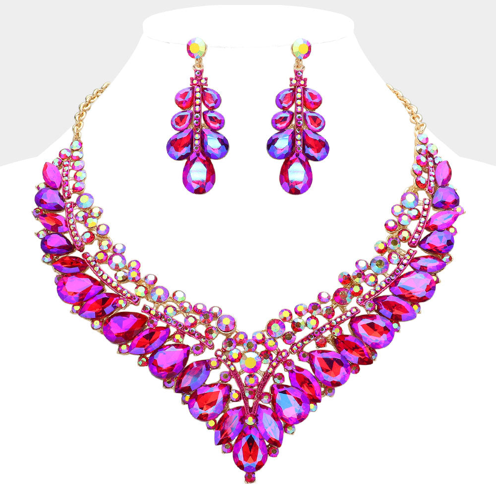 iLLASPARKZ Teardrop Marquise Round Stone Embellished V Shaped Evening Necklace