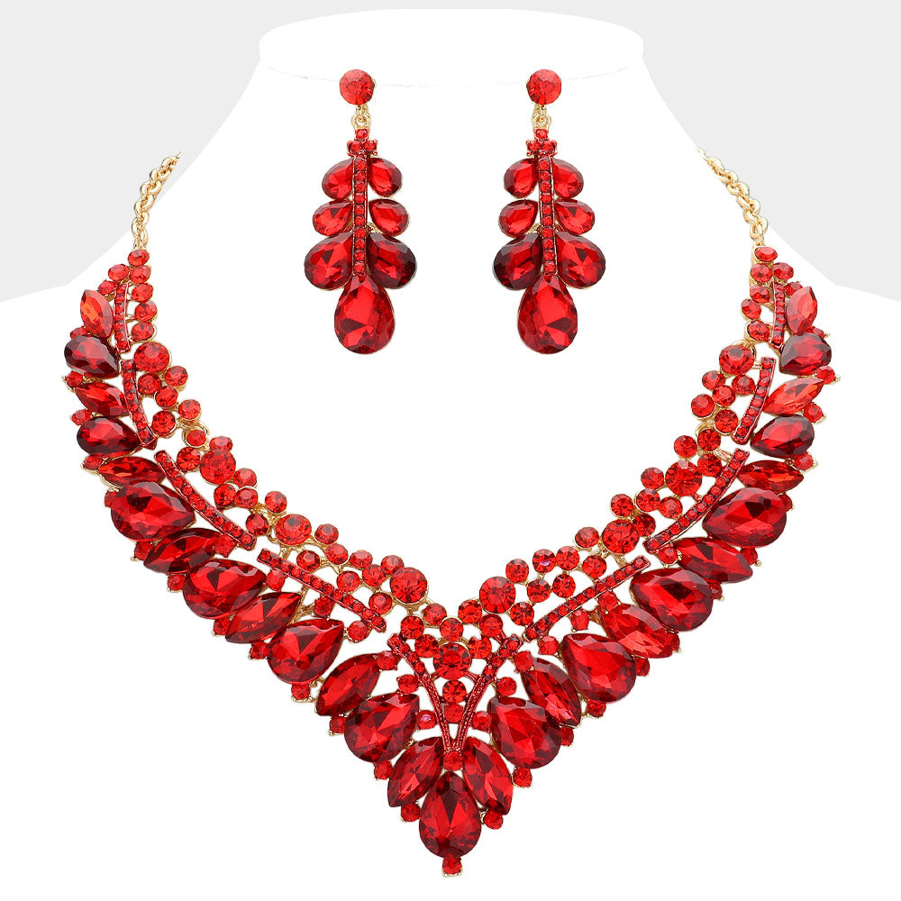 iLLASPARKZ Teardrop Marquise Round Stone Embellished V Shaped Evening Necklace
