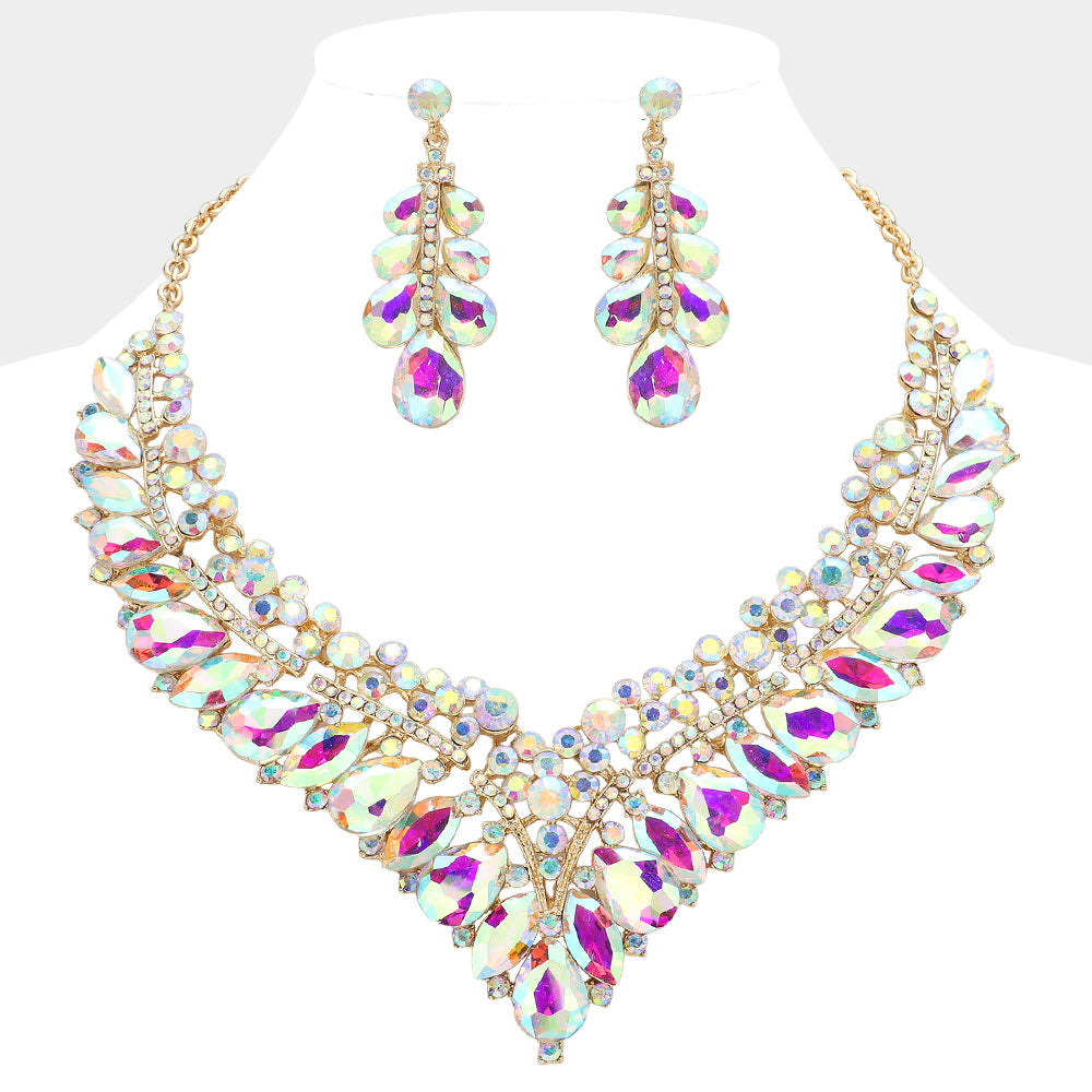 iLLASPARKZ Teardrop Marquise Round Stone Embellished V Shaped Evening Necklace
