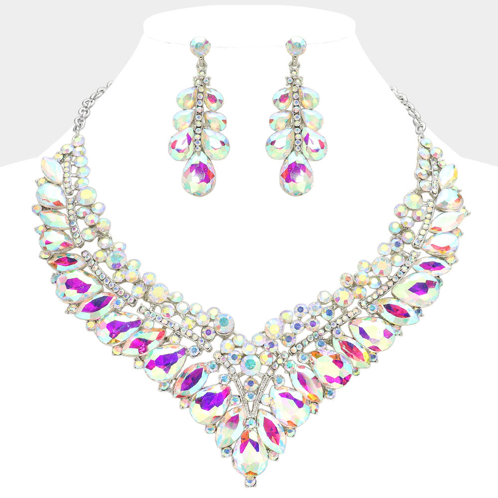 iLLASPARKZ Teardrop Marquise Round Stone Embellished V Shaped Evening Necklace