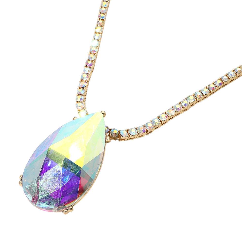 iLLASPARKZ Oversized Teardrop Glass Stone Pendant Bling Studded Chunky Chain Necklace