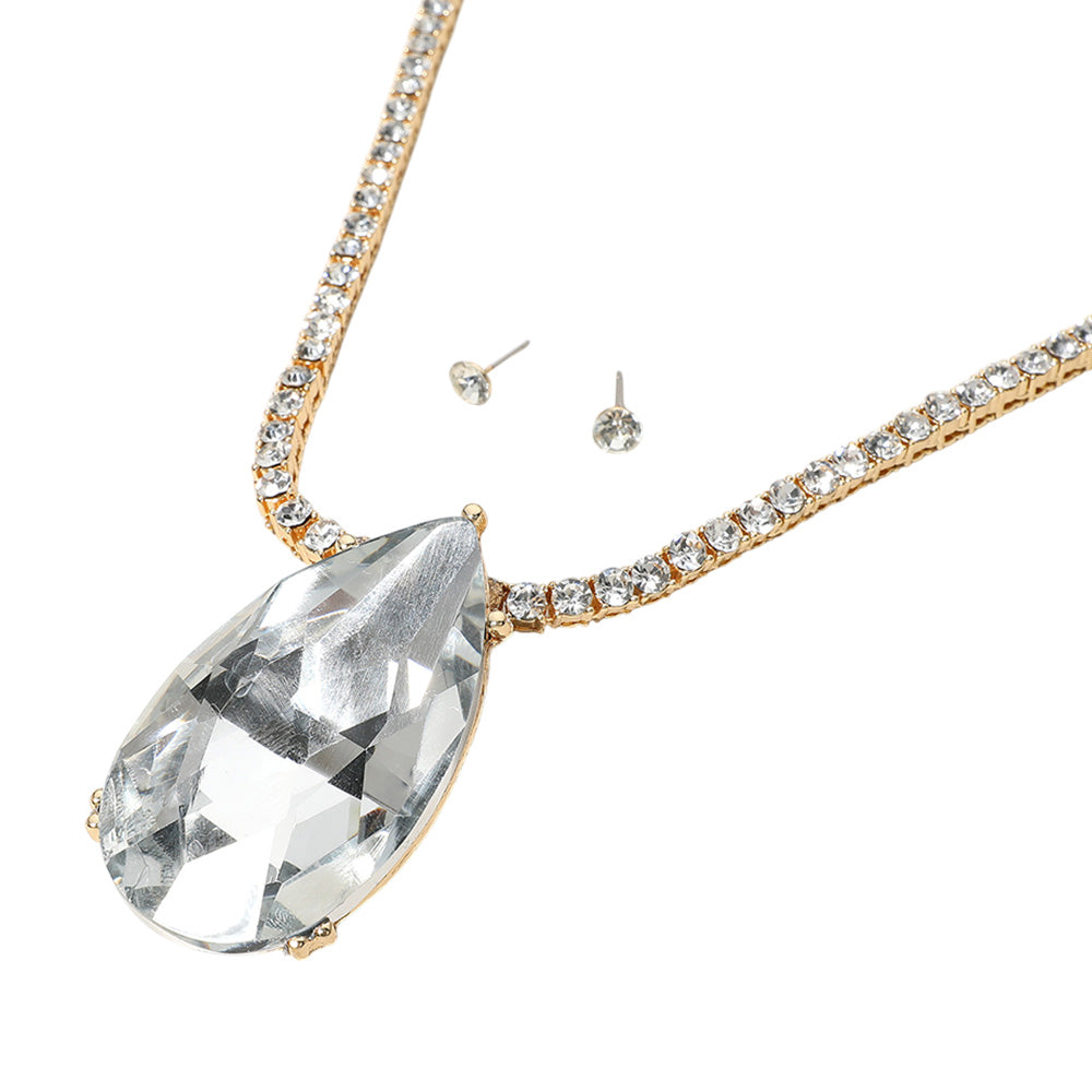 iLLASPARKZ Oversized Teardrop Glass Stone Pendant Bling Studded Chunky Chain Necklace