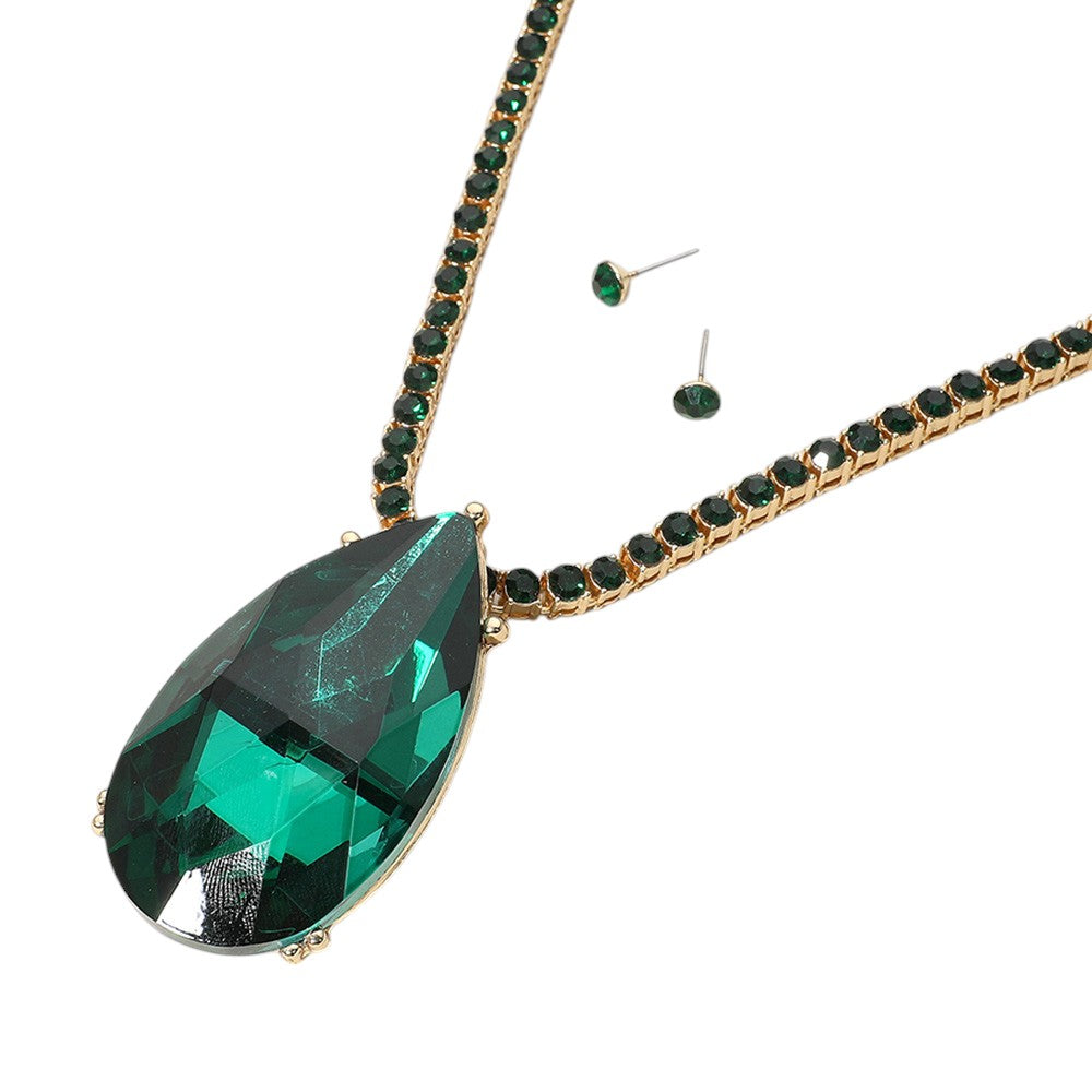 iLLASPARKZ Oversized Teardrop Glass Stone Pendant Bling Studded Chunky Chain Necklace