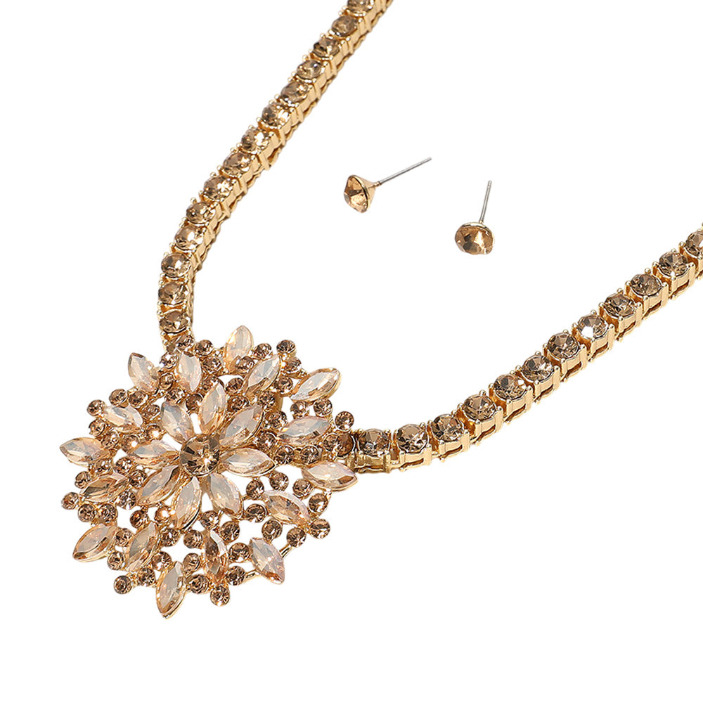 iLLASPARKZ Marquise Round Stone Embellished Flower Cluster Pendant Bling Studded Chunky Chain Necklace