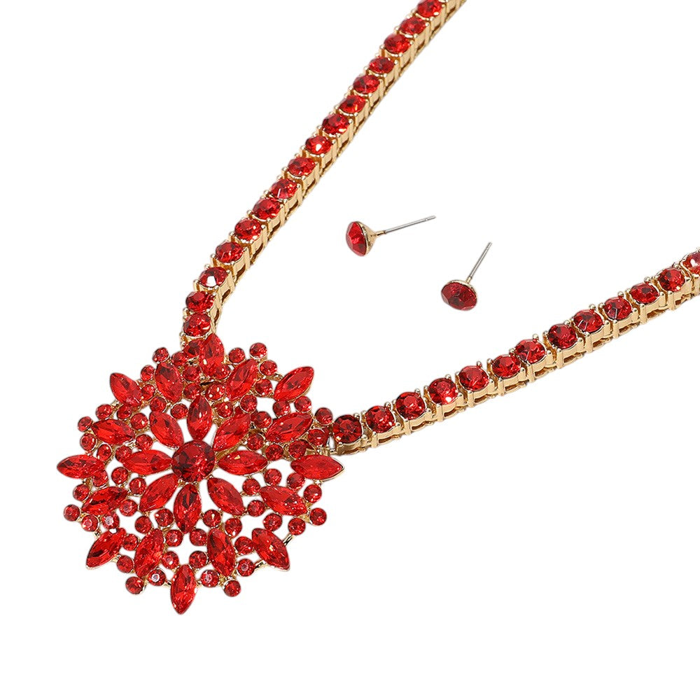 iLLASPARKZ Marquise Round Stone Embellished Flower Cluster Pendant Bling Studded Chunky Chain Necklace