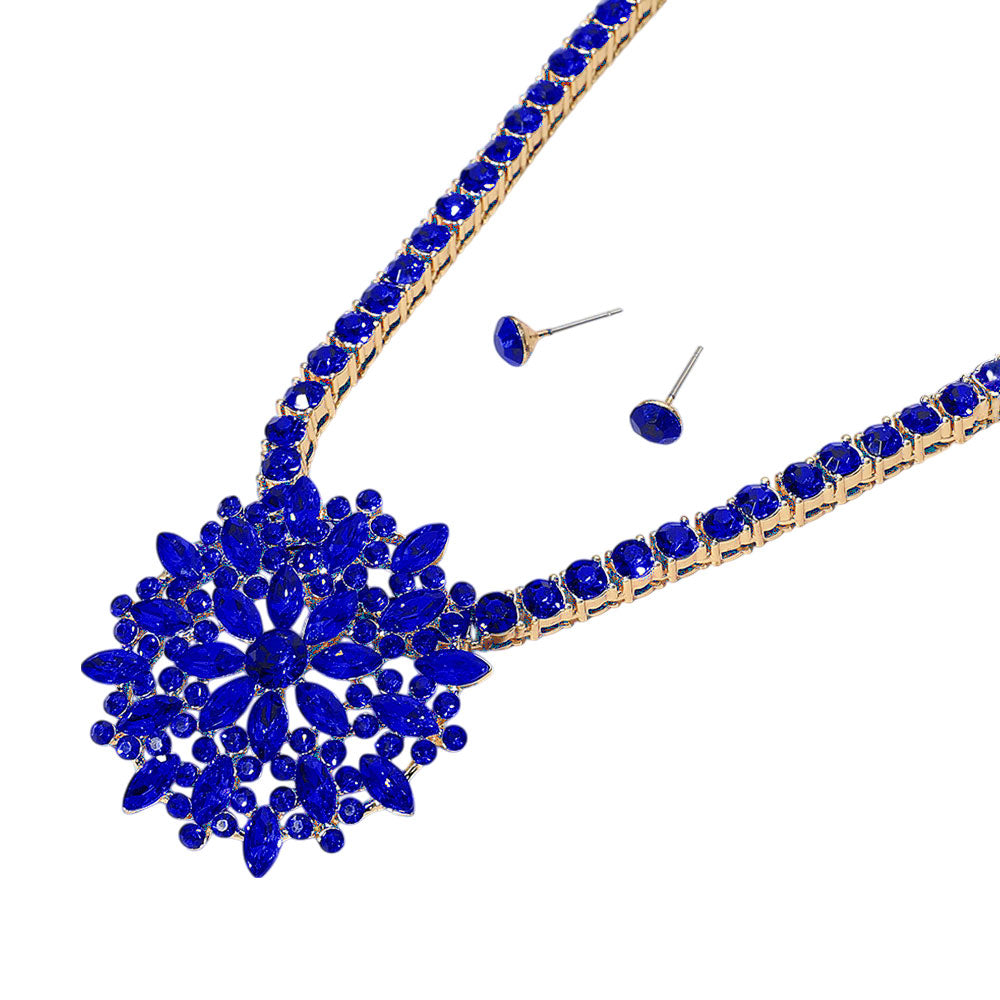 iLLASPARKZ Marquise Round Stone Embellished Flower Cluster Pendant Bling Studded Chunky Chain Necklace
