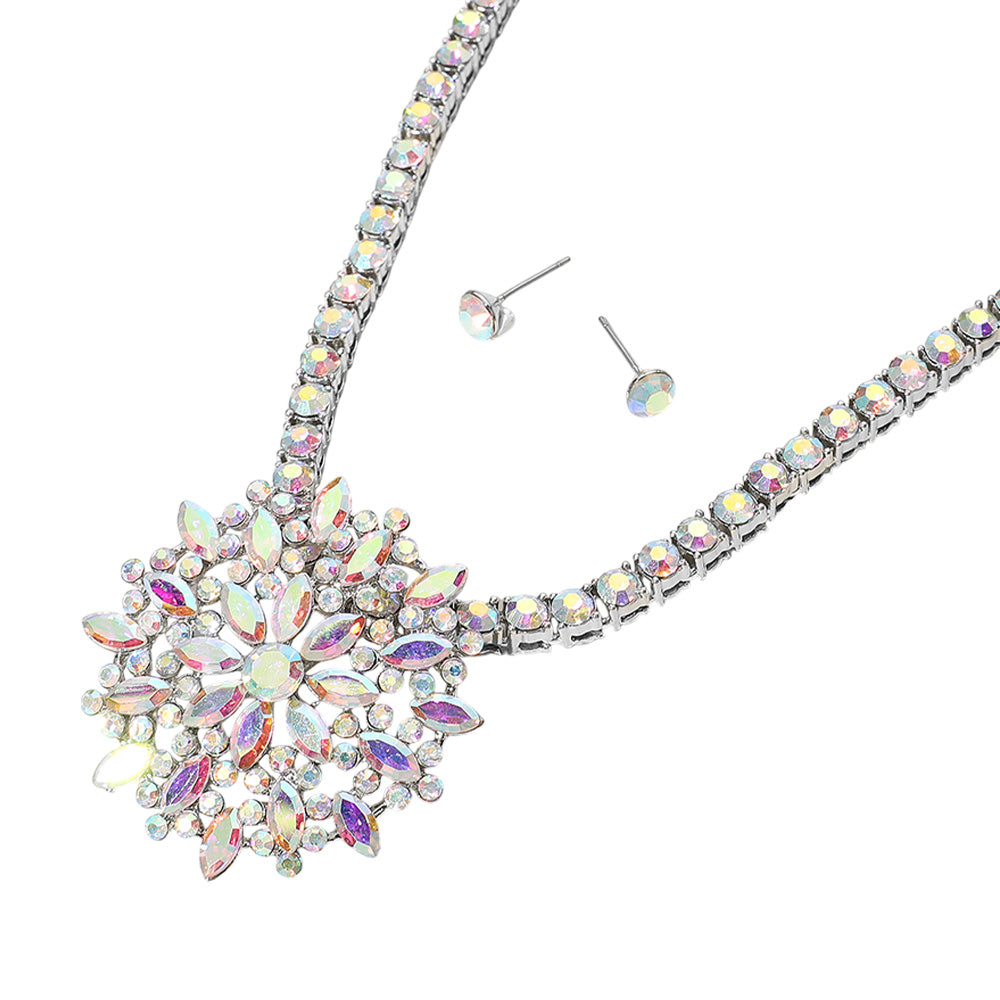 iLLASPARKZ Marquise Round Stone Embellished Flower Cluster Pendant Bling Studded Chunky Chain Necklace
