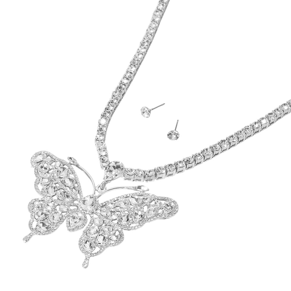 iLLASPARKZ Rhinestone Embellished Butterfly Pendant Accented Tennis Chain Evening Necklace