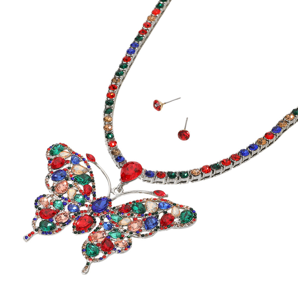 iLLASPARKZ Rhinestone Embellished Butterfly Pendant Accented Tennis Chain Evening Necklace