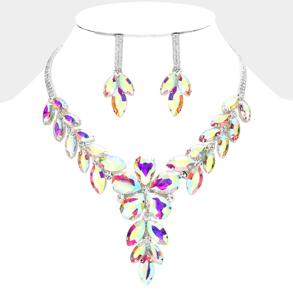 iLLASPARKZ Flower Accented Marquise Stone Cluster Evening Necklace