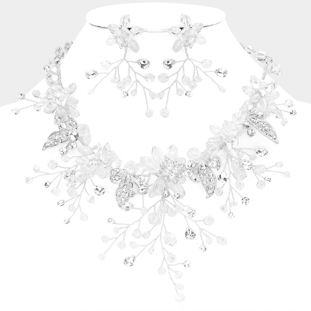 iLLASPARKZ Pearl Stone Bead Embellished Flower Leaf Evening Necklace