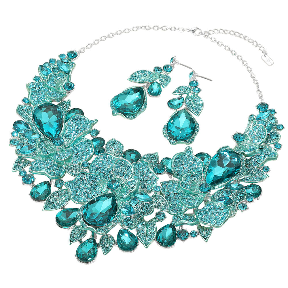 iLLASPARKZ Teardrop Stone Cluster Accent Rhinestone Paved Floral Embellished Collar Statement Evening Necklace