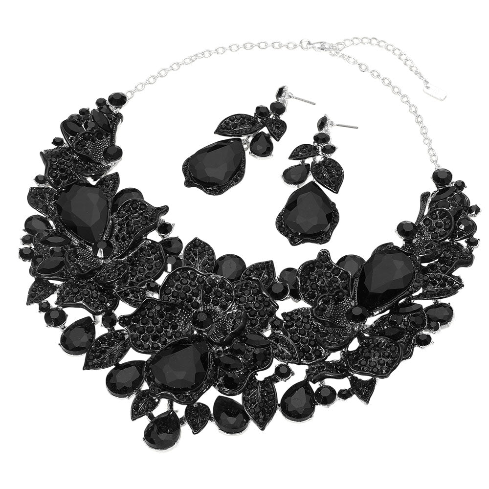 iLLASPARKZ Teardrop Stone Cluster Accent Rhinestone Paved Floral Embellished Collar Statement Evening Necklace