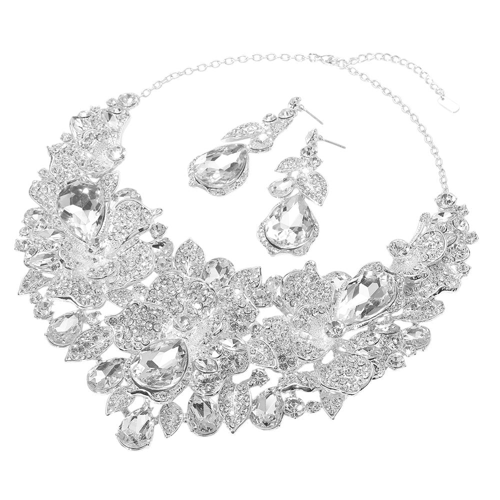 iLLASPARKZ Teardrop Stone Cluster Accent Rhinestone Paved Floral Embellished Collar Statement Evening Necklace