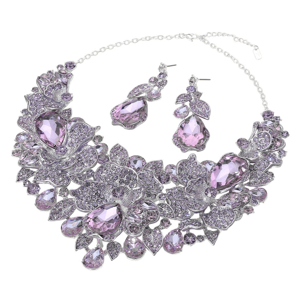 iLLASPARKZ Teardrop Stone Cluster Accent Rhinestone Paved Floral Embellished Collar Statement Evening Necklace
