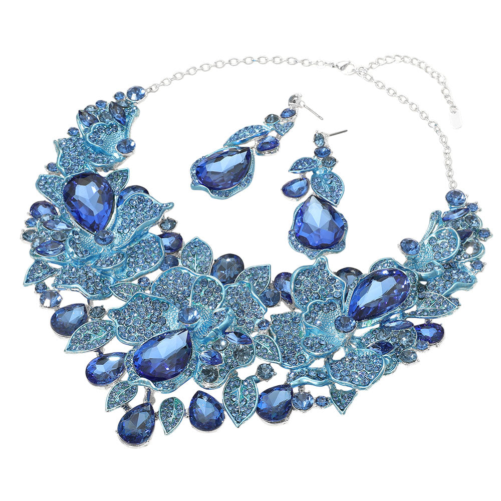iLLASPARKZ Teardrop Stone Cluster Accent Rhinestone Paved Floral Embellished Collar Statement Evening Necklace