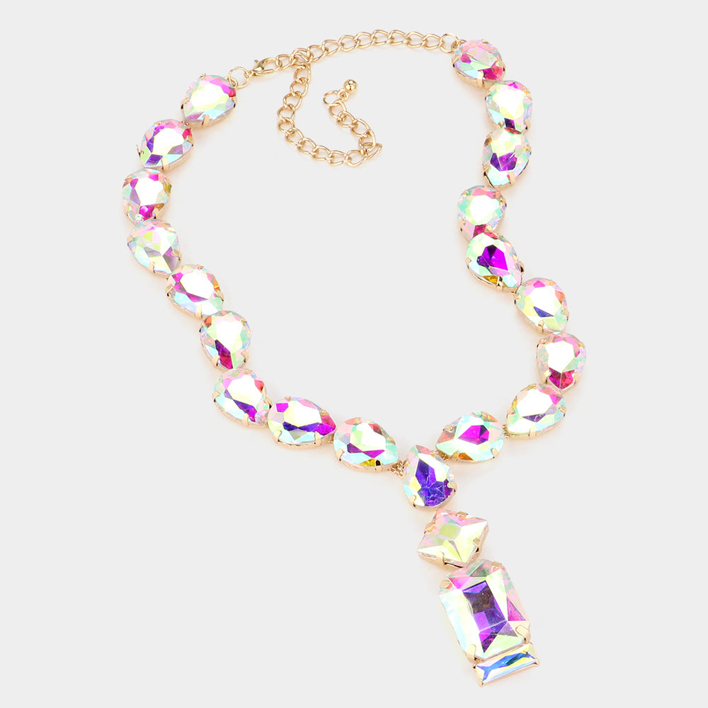 iLLASPARKZ Emerald Cut Stone Cluster Pendant Pointed Teardrop Stone Cluster Link Evening Necklace