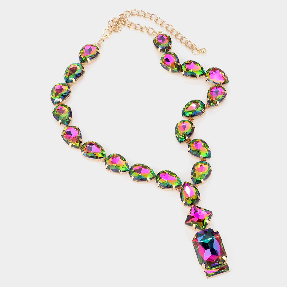 iLLASPARKZ Emerald Cut Stone Cluster Pendant Pointed Teardrop Stone Cluster Link Evening Necklace
