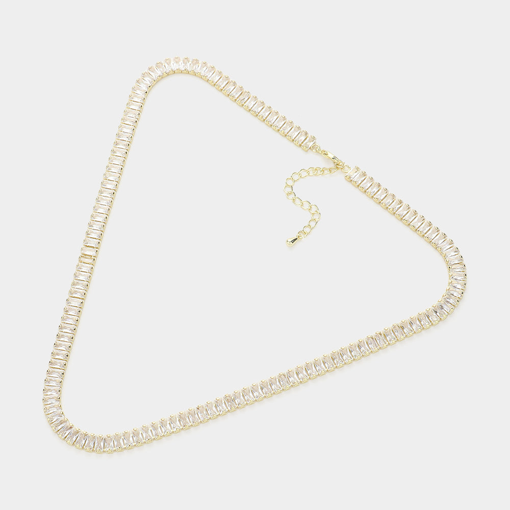 iLLASPARKZ Stainless Steel Emerald Cut CZ Stone Tennis Chain Necklace