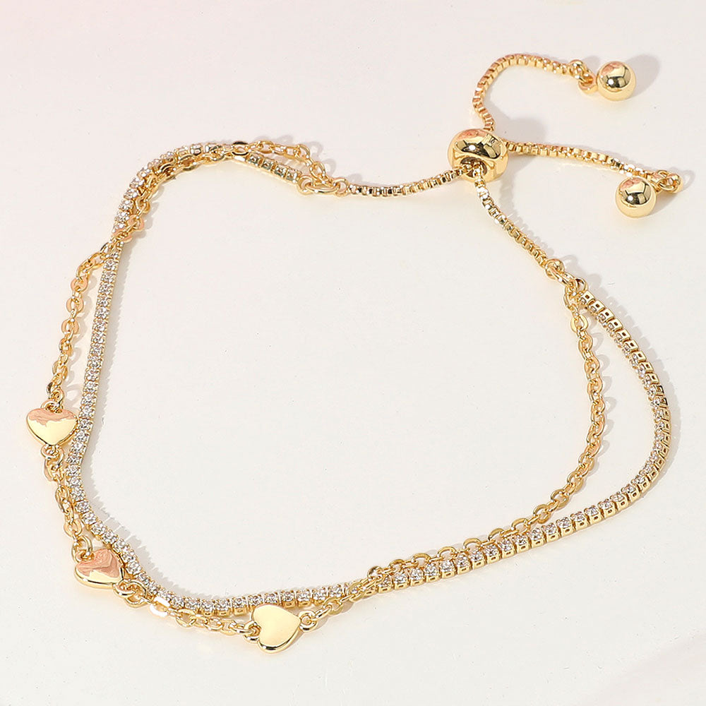 iLLASPARKZ 18K Gold Dipped Heart Charm Station Rhinestone Layered Adjustable Cinch Pull Tie Bracelet