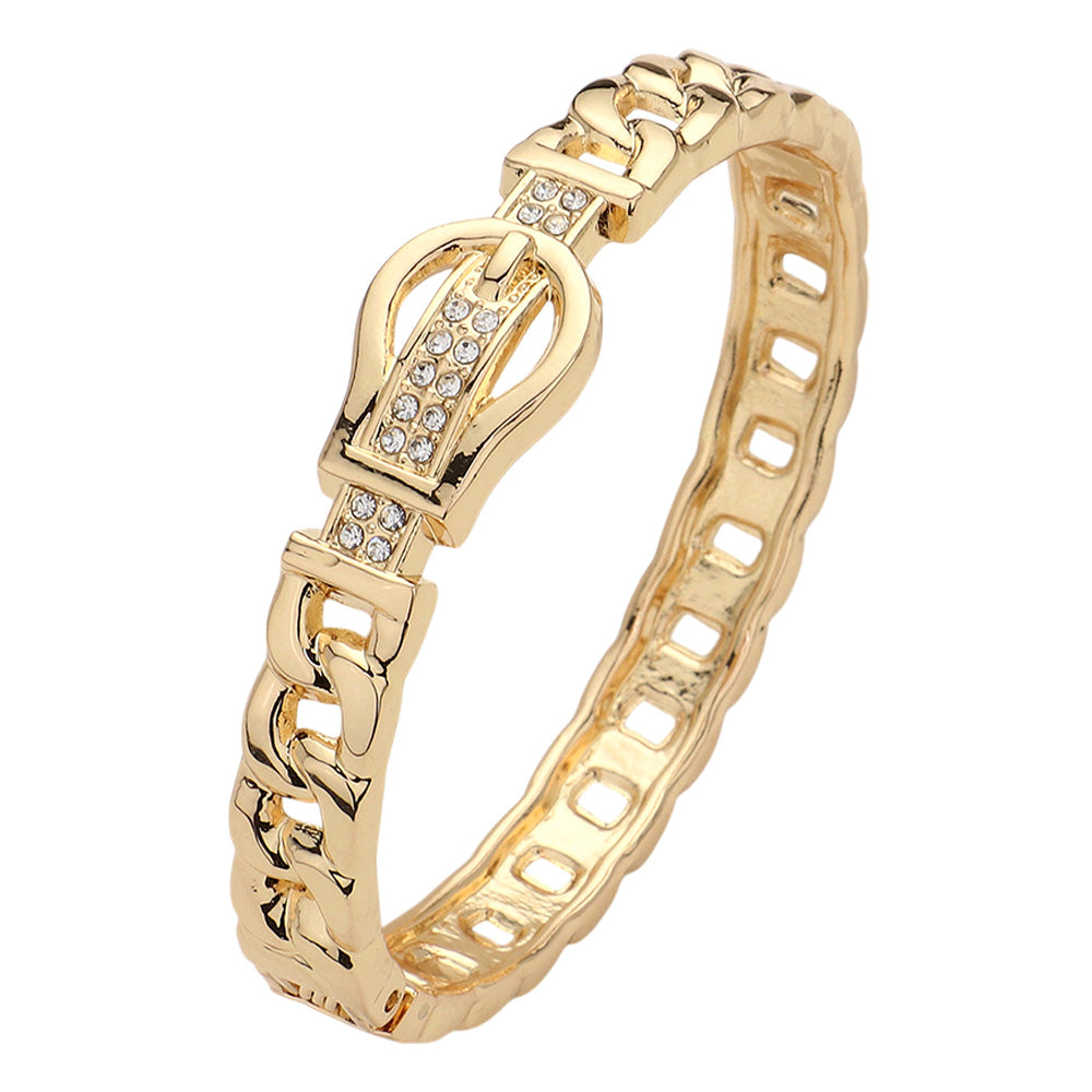 iLLASPARKZ Stone Paved Belt Buckle Accented Cuban Chain Hinged Bangle Bracelet