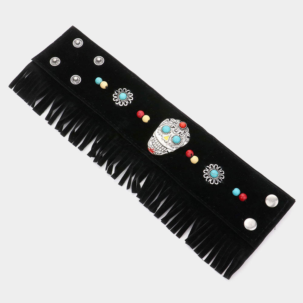 iLLASPARKZ Day of the Dead Mexican Sugar Skull Faux Suede Fringe Bracelet