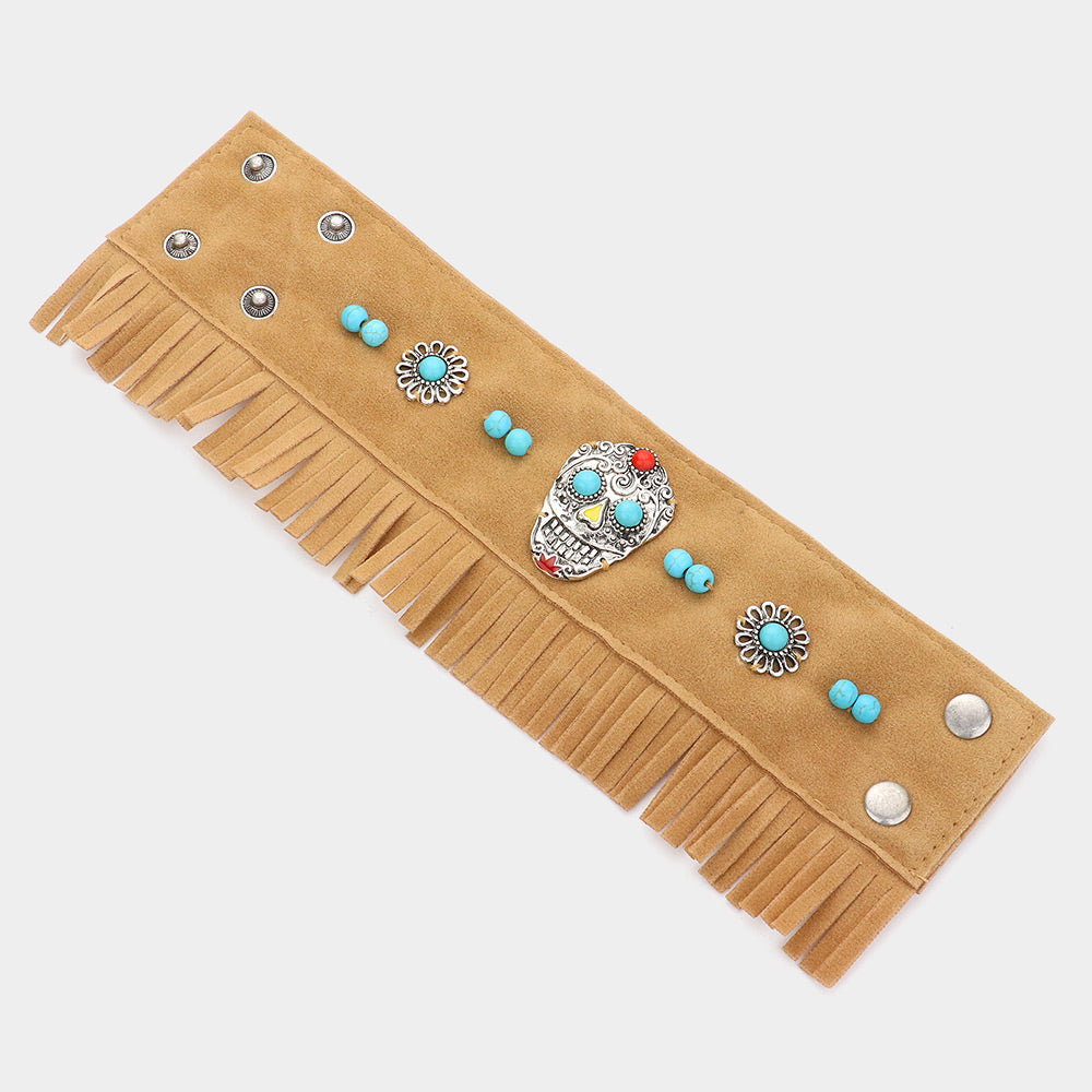 iLLASPARKZ Day of the Dead Mexican Sugar Skull Faux Suede Fringe Bracelet