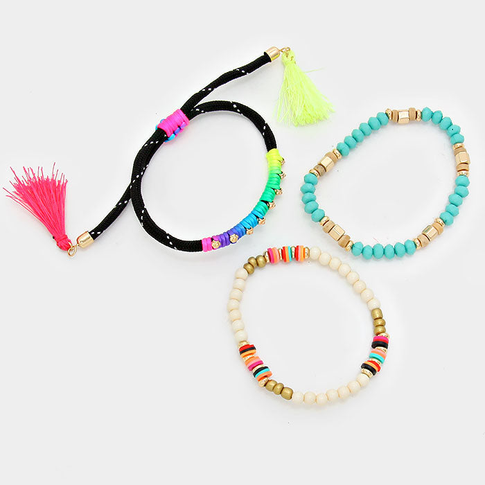 iLLASPARKZ Triple Layer Beaded Cinch Bracelet with Colorful Tassels