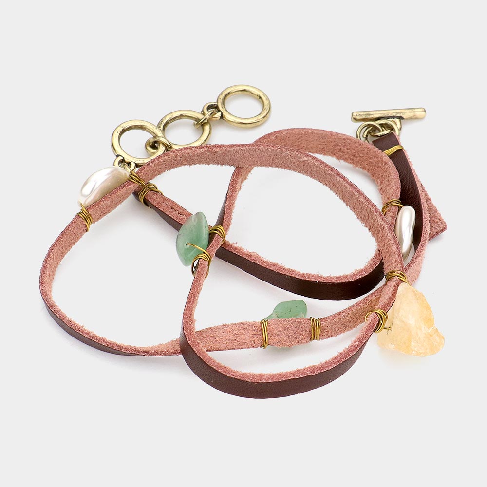 iLLASPARKZ Raw Quartz & Pearl Accented Faux Leather Wrap Toggle Bracelet