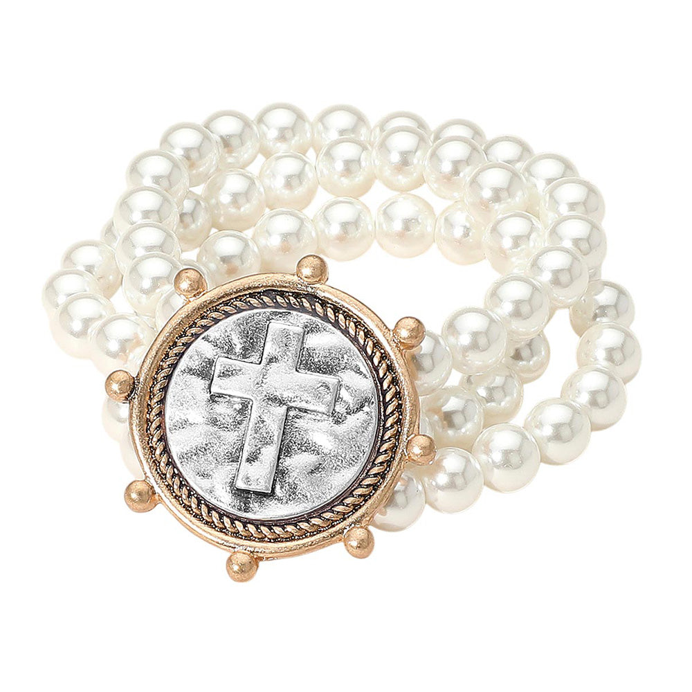 iLLASPARKZ Metal Cross Embossed Medal Triple Layered Pearl Beaded Stretch Bracelet