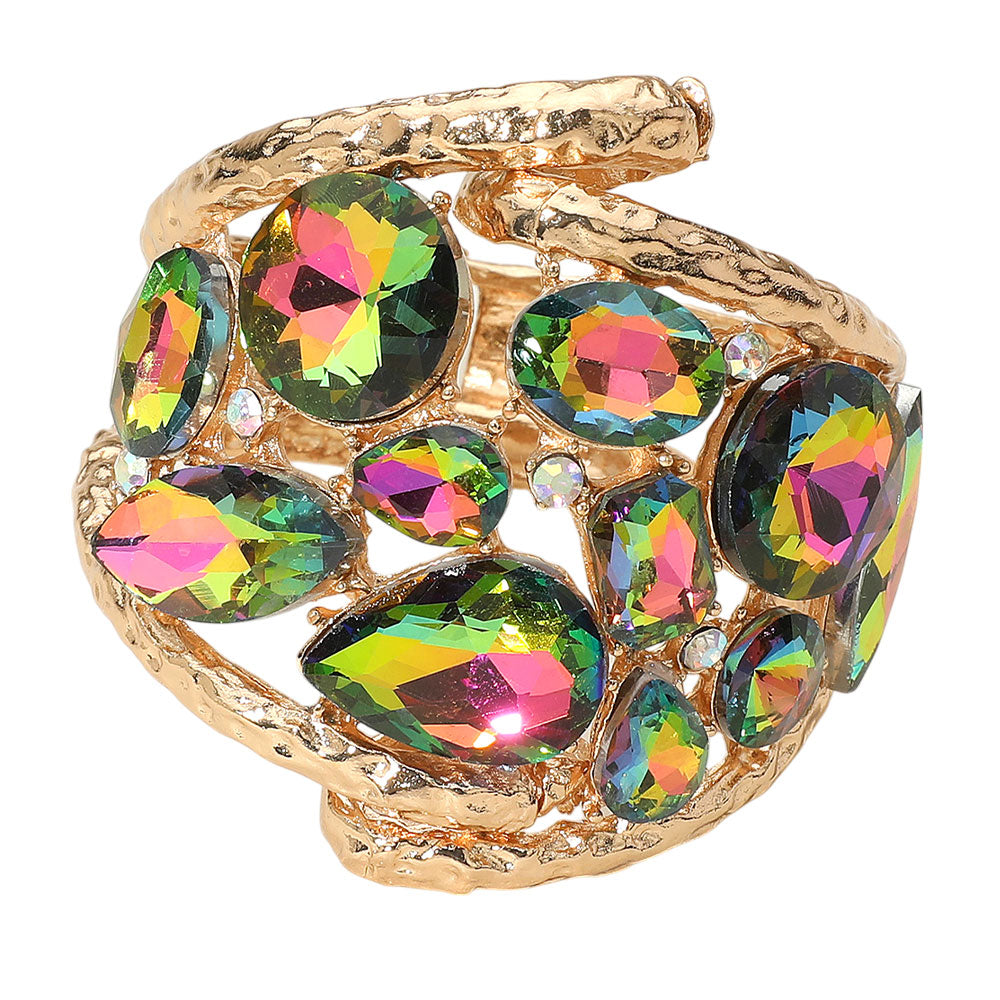 iLLASPARKZ Round Teardrop Oval Stone Embellished Wide Hinged Bangle Bracelet