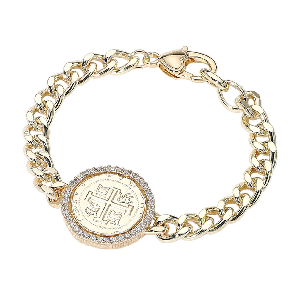 iLLASPARKZ 14K Gold Plated CZ Stone Paved Rim Medal Pointed Chain Bracelet