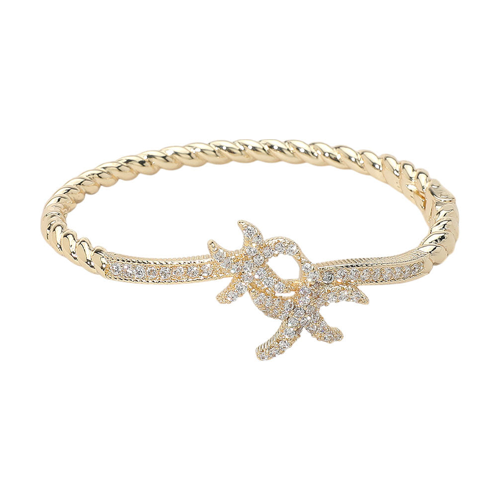iLLASPARKZ CZ Stone Paved Double Starfish Twisted Hinged Bangle Bracelet