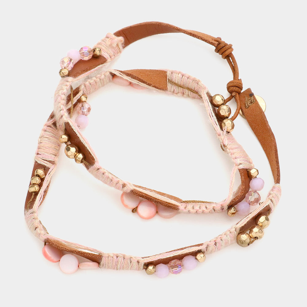 iLLASPARKZ Glass beads mother of pearl threaded faux leather wrap bracelet