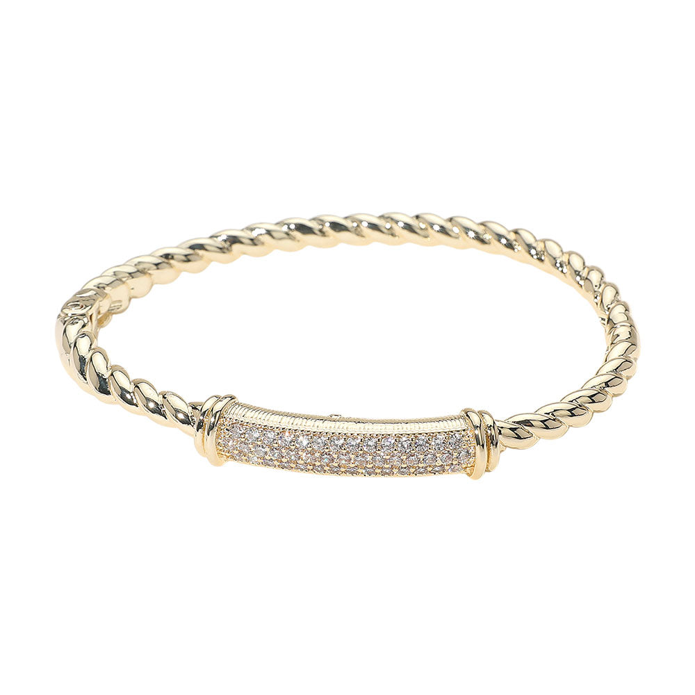 iLLASPARKZ Stainless Steel CZ Stone Paved Bar Accent Hinged Bangle Bracelet