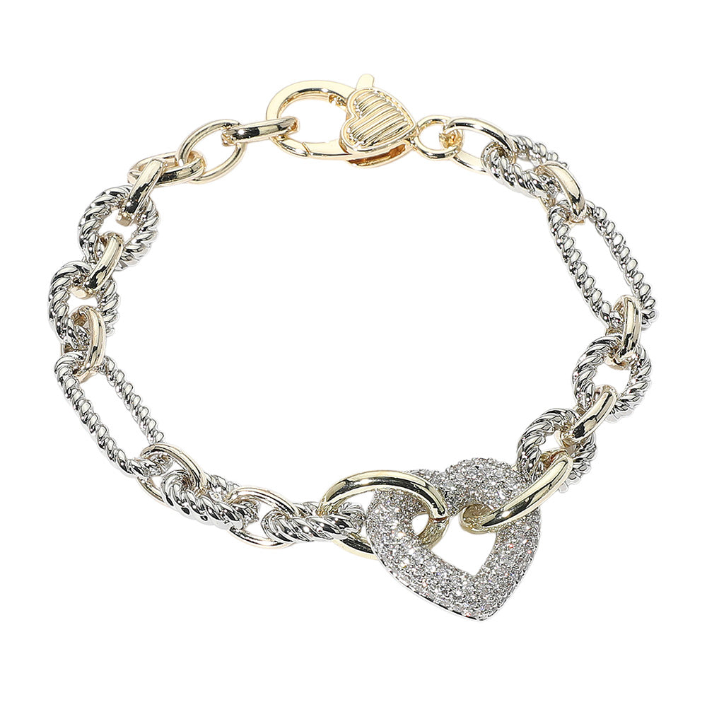 iLLASPARKZ 14K Gold Plated CZ Stone Paved Heart Link Two Tone Chain Bracelet