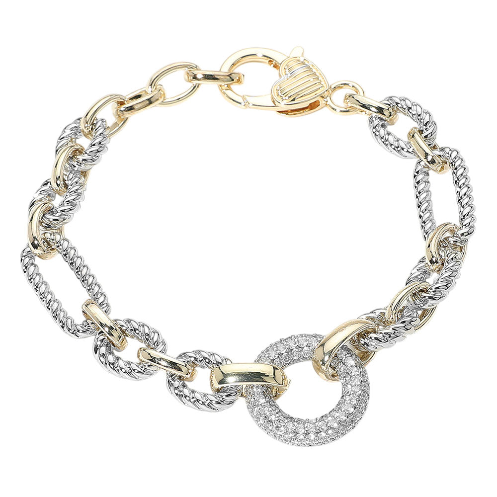 iLLASPARKZ 14K Gold Plated CZ Stone Paved Ring Link Two Tone Bracelet