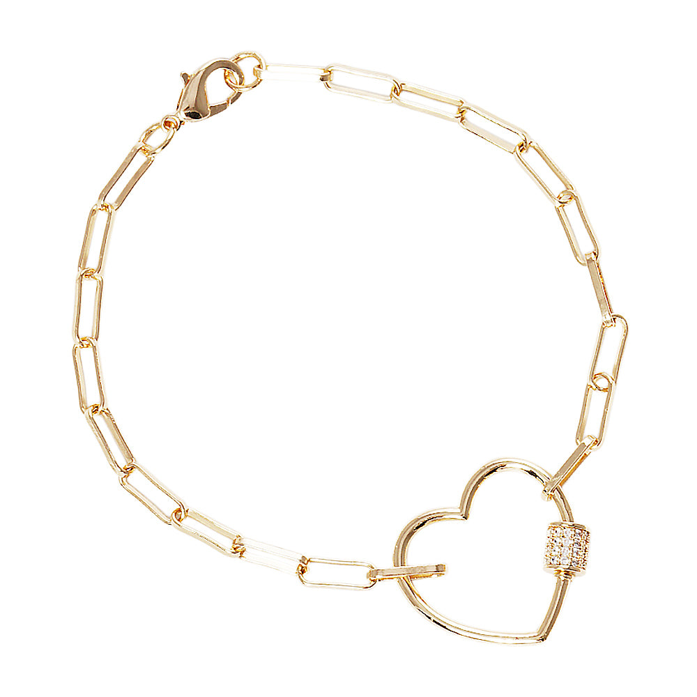 iLLASPARKZ Gold Dipped CZ Stone Paved Open Heart Carabiner Pointed Paperclip Chain Bracelet
